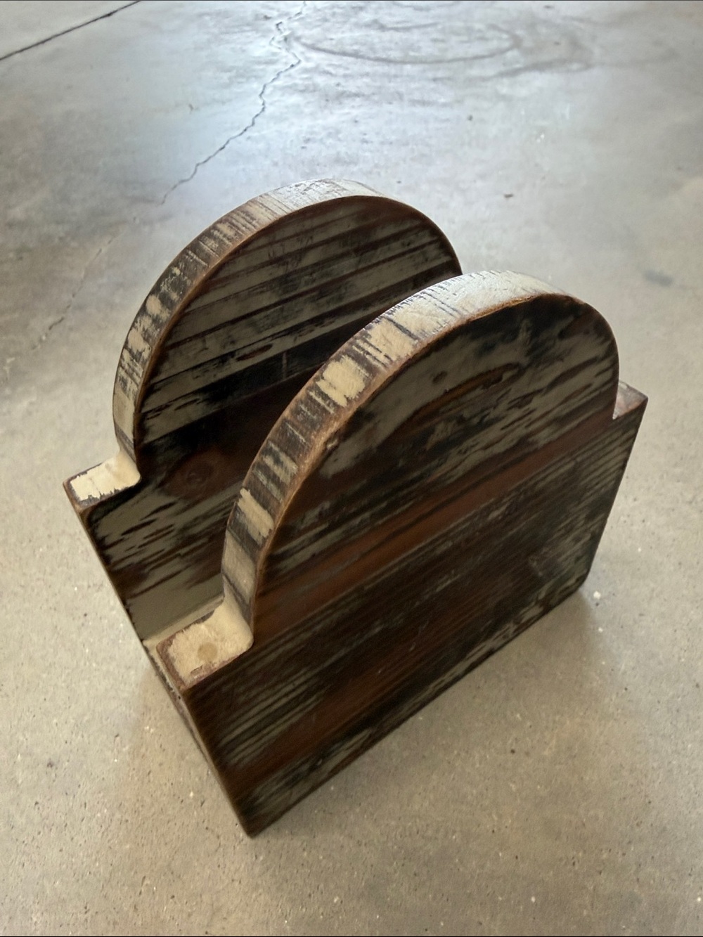 Rustic Wooden Napkin or Letter Holder - Distressed Brown & Cream
